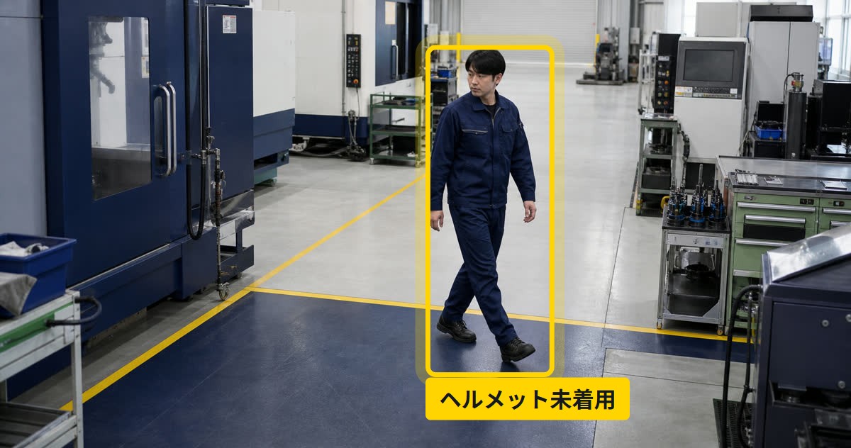 工場内で黄色い区画線を越えて作業エリアに入る作業者に、黄色の検知枠と「ヘルメット未着用」のラベルが付いている