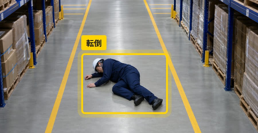 倉庫の通路で倒れたまま動かない作業者に「転倒」の検知枠が付いている