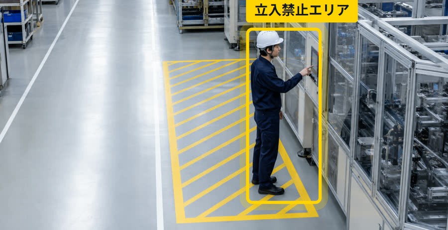 工場で、黄色く区画された立入禁止エリアの中に立つ作業者に「立入禁止エリア」の検知枠が付いている